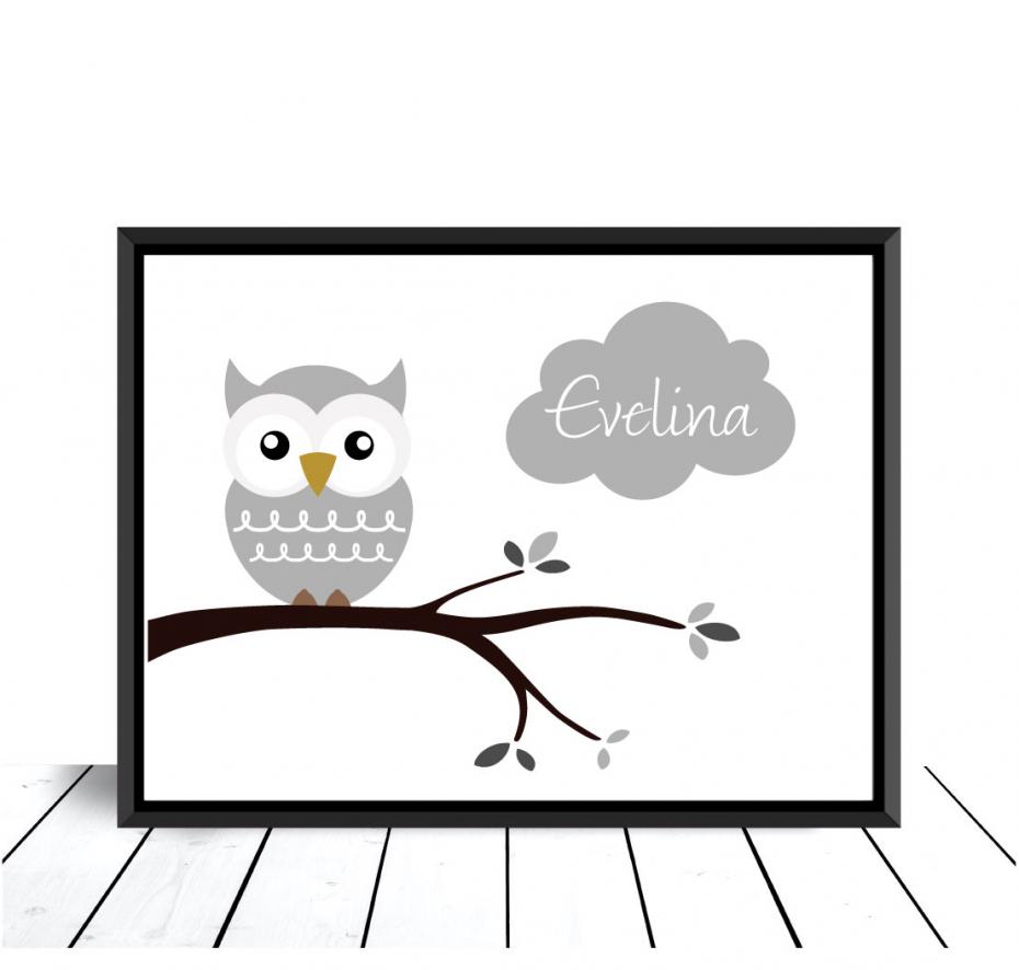 Personlig poster Owl Name Poster Grey