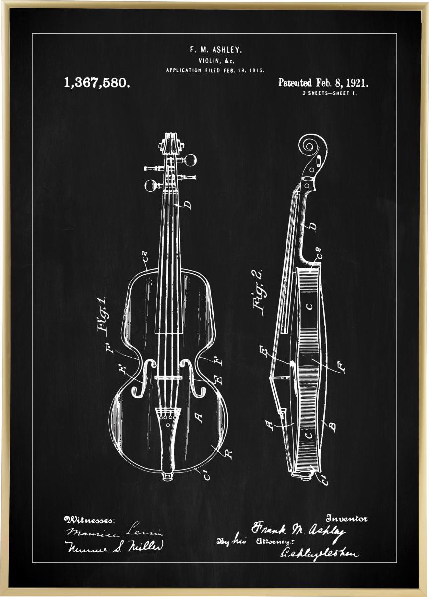 Bildverkstad Patenttekening - Viool - Zwart Poster