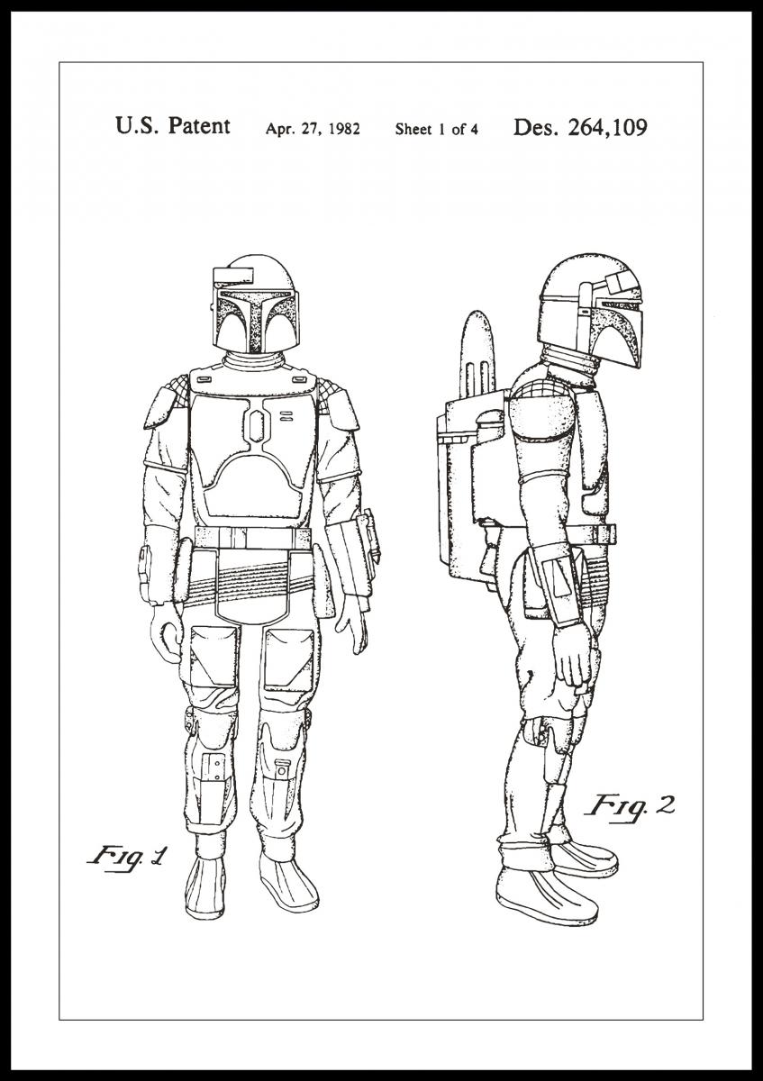 Lagervaror egen produktion Patenttekening - Star Wars - Boba Fett - Wit Poster