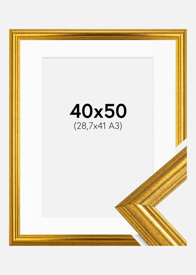 Ram med passepartou Fotolijst Västkusten Goud 40x50 cm - Passe-partout Wit 29,7x42 cm (A3)