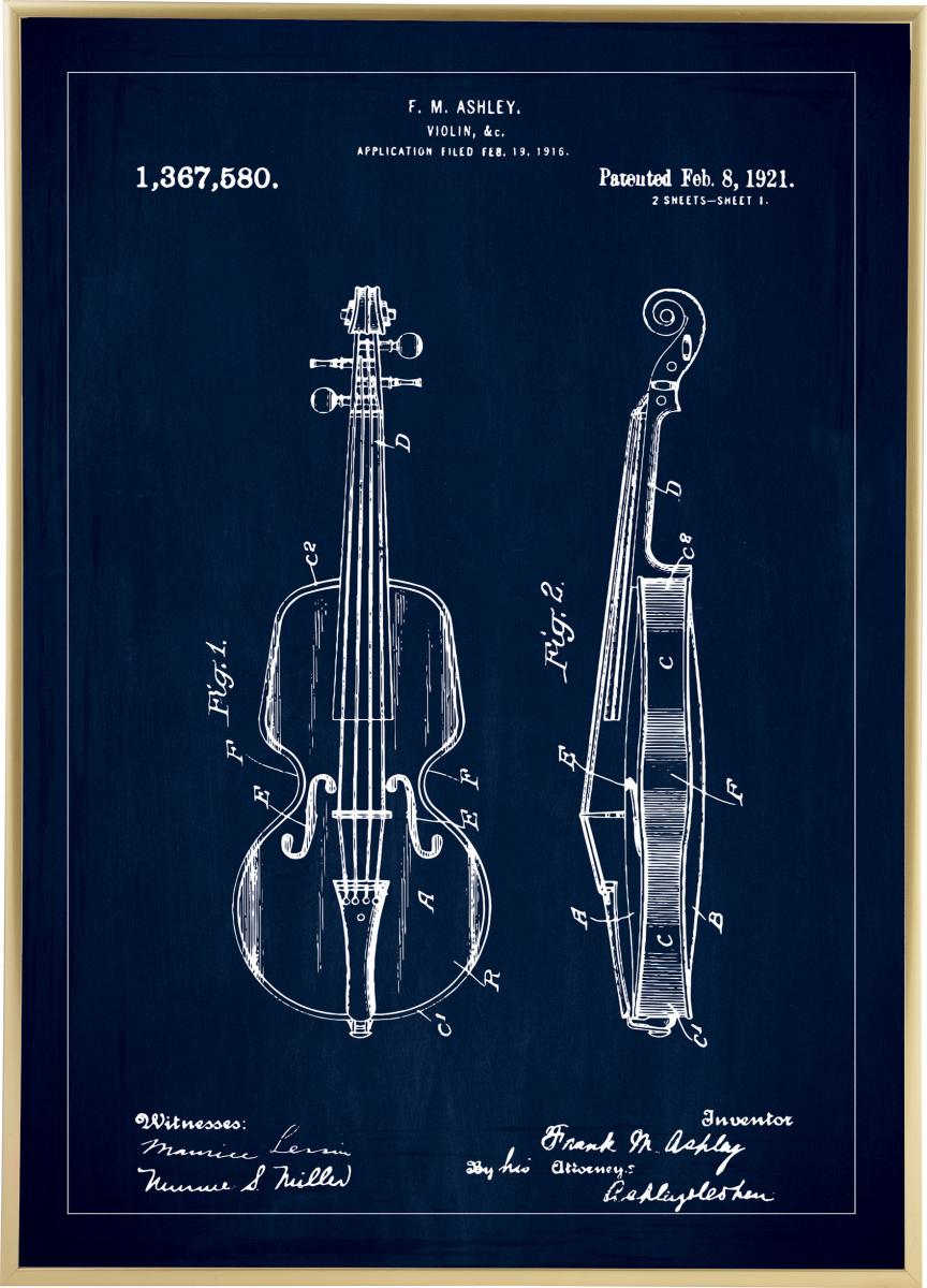Bildverkstad Patenttekening - Viool - Blauw Poster