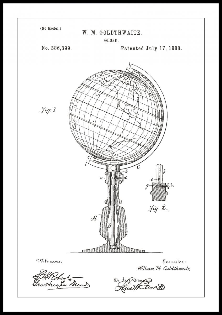 Bildverkstad Patenttekening - Wereldbol - Wit Poster