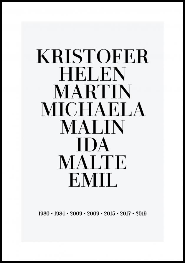 Personlig poster Gezinsposter - 8 Namen & Geboortejaren - Grijs