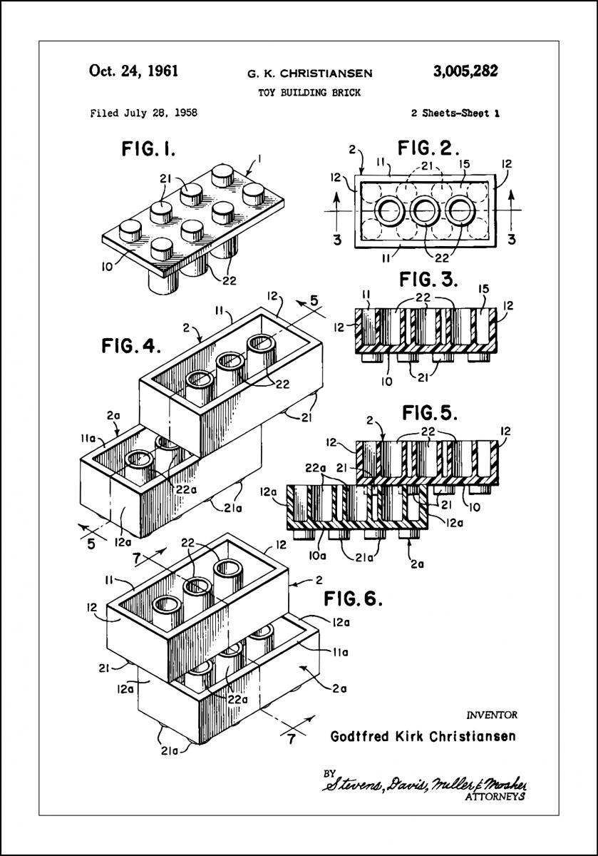 Lagervaror egen produktion Patent Print - Lego Block I - White Poster