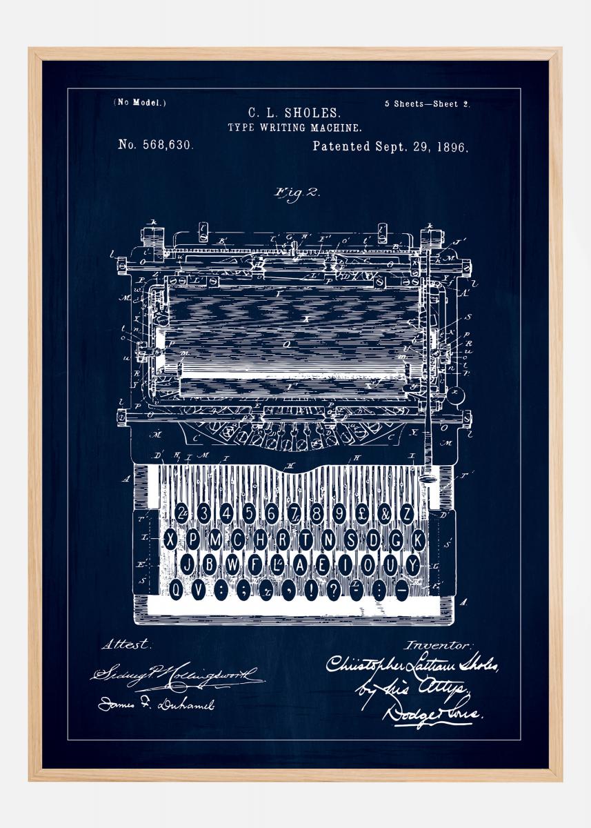 Bildverkstad Patenttekening - Typmachine - Blauw Poster