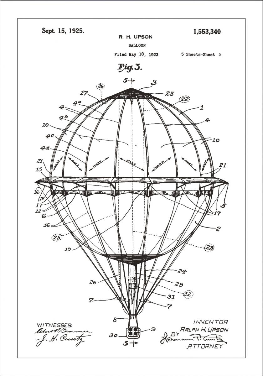 Bildverkstad Patenttekening - Luchtballon - Wit Poster