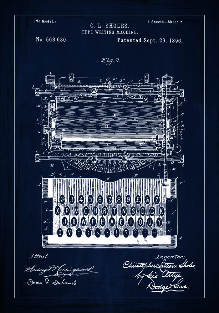 Bildverkstad Patenttekening - Typmachine - Blauw Poster