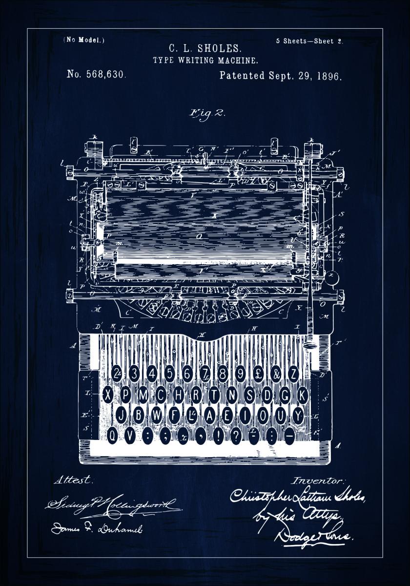 Bildverkstad Patenttekening - Typmachine - Blauw Poster