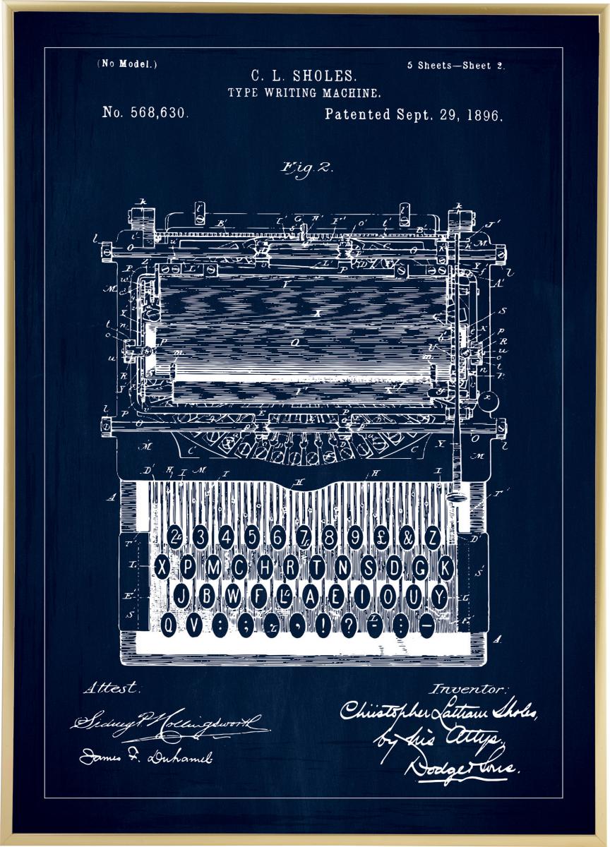 Bildverkstad Patenttekening - Typmachine - Blauw Poster