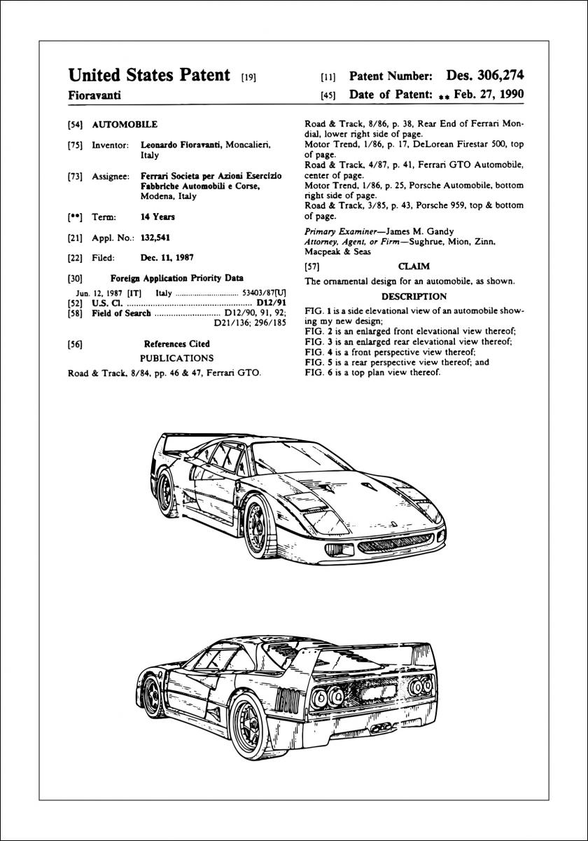 Bildverkstad Patenttekening - Ferrari F40 I Poster