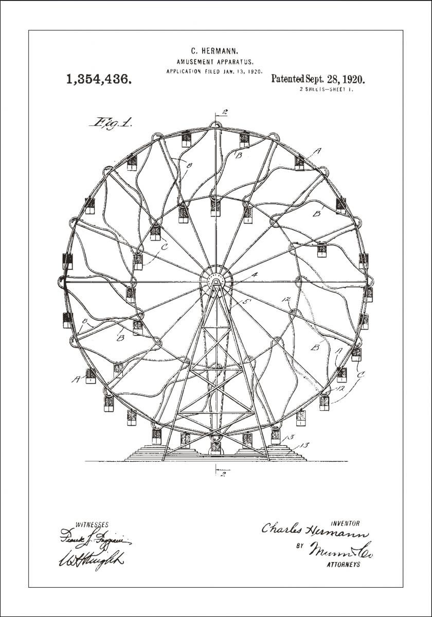 Bildverkstad Patenttekening - Reuzenrad - Wit Poster