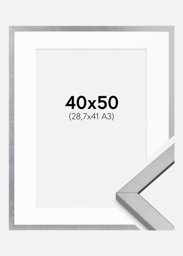 Ram med passepartou Fotolijst Minerva Zilver 40x50 cm - Passe-partout Wit 29,7x42 cm