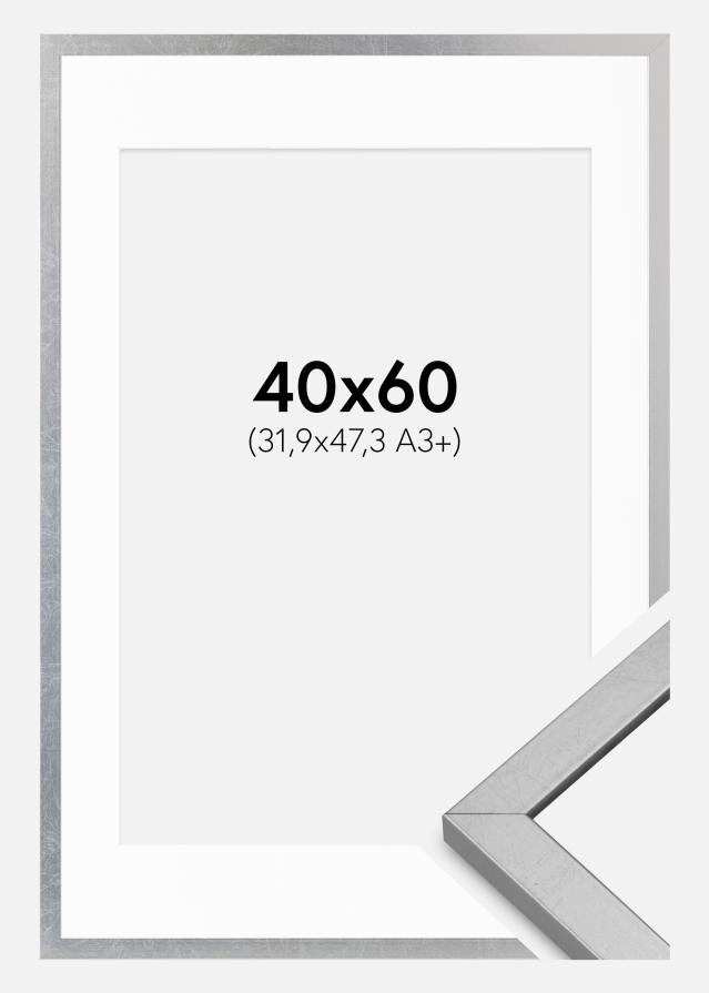 Ram med passepartou Fotolijst Minerva Zilver 40x60 cm - Passe-partout Wit 32,9x48,3 cm