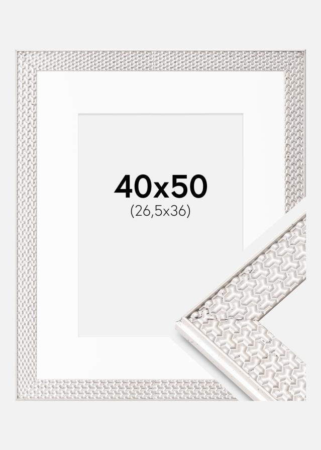 Ram med passepartou Fotolijst Grace Zilver 40x50 cm - Passe-partout Wit 27,5x37 cm