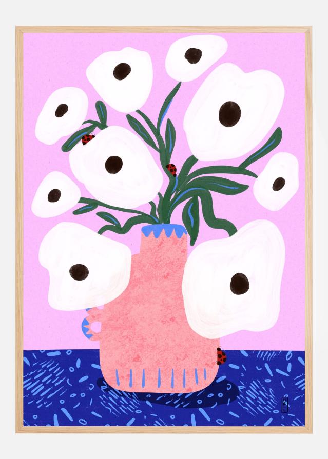 Bildverkstad White Poppies and Ladybirds Floral Poster