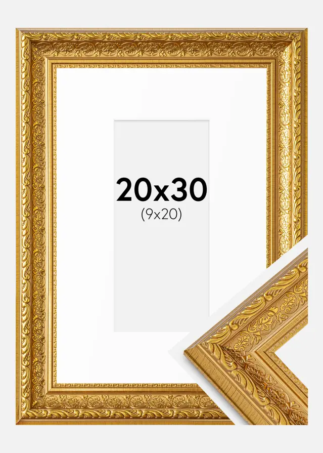 Ram med passepartou Fotolijst Ornate Goud 20x30 cm - Passe-partout Wit 10x21 cm