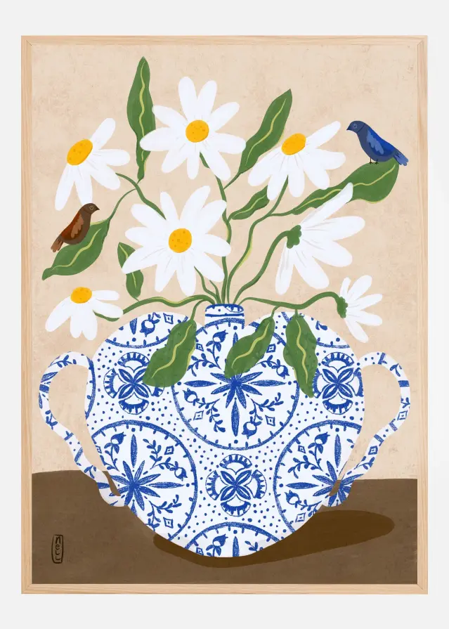 Bildverkstad White Flowers in a Vase with Birds Poster