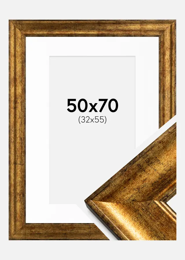 Ram med passepartou Fotolijst Saltsjöbaden Goud 50x70 cm - Passe-partout Wit 33x56 cm