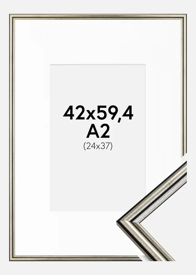 Ram med passepartou Fotolijst Horndal Zilver 42x59,4 cm (A2) - Passe-partout Wit 25x38 cm
