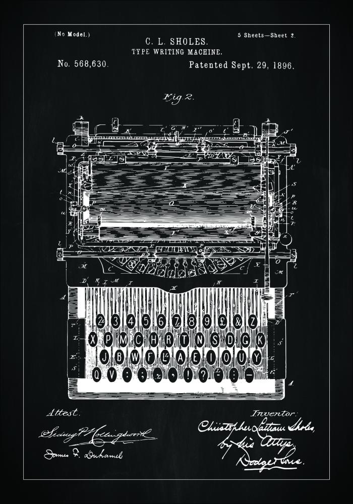 Bildverkstad Patenttekening - Typmachine - Zwart Poster