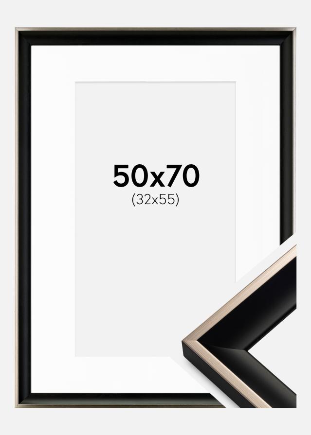 Ram med passepartou Fotolijst Öjaren Zwart-Zilver 50x70 cm - Passe-partout Wit 33x56 cm