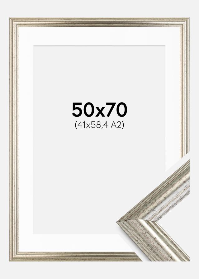Ram med passepartou Fotolijst Västkusten Zilver 50x70 cm - Passe-partout Wit 42x59,4 cm (A2)
