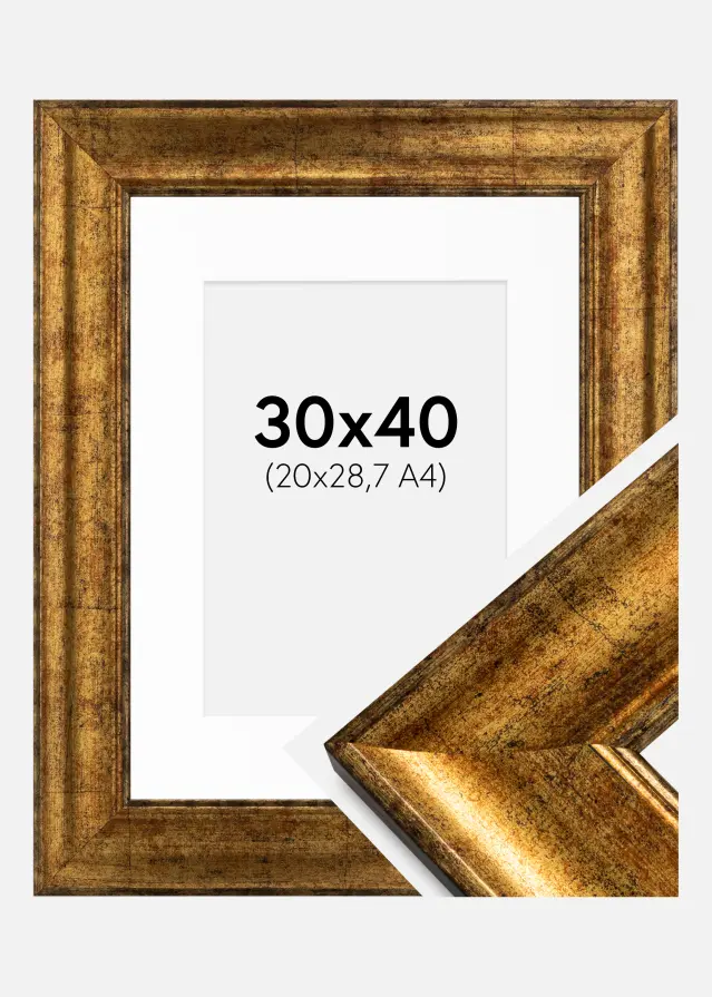 Ram med passepartou Fotolijst Saltsjöbaden Goud 30x40 cm - Passe-partout Wit 21x29,7 cm (A4)