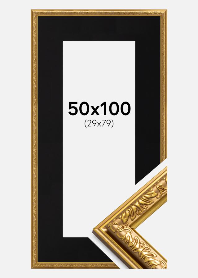 Ram med passepartou Fotolijst Nostalgia Goud 50x100 cm - Passe-partout Zwart 30x80 cm