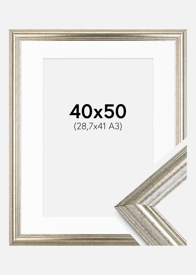 Ram med passepartou Fotolijst Västkusten Zilver 40x50 cm - Passe-partout Wit 29,7x42 cm (A3)
