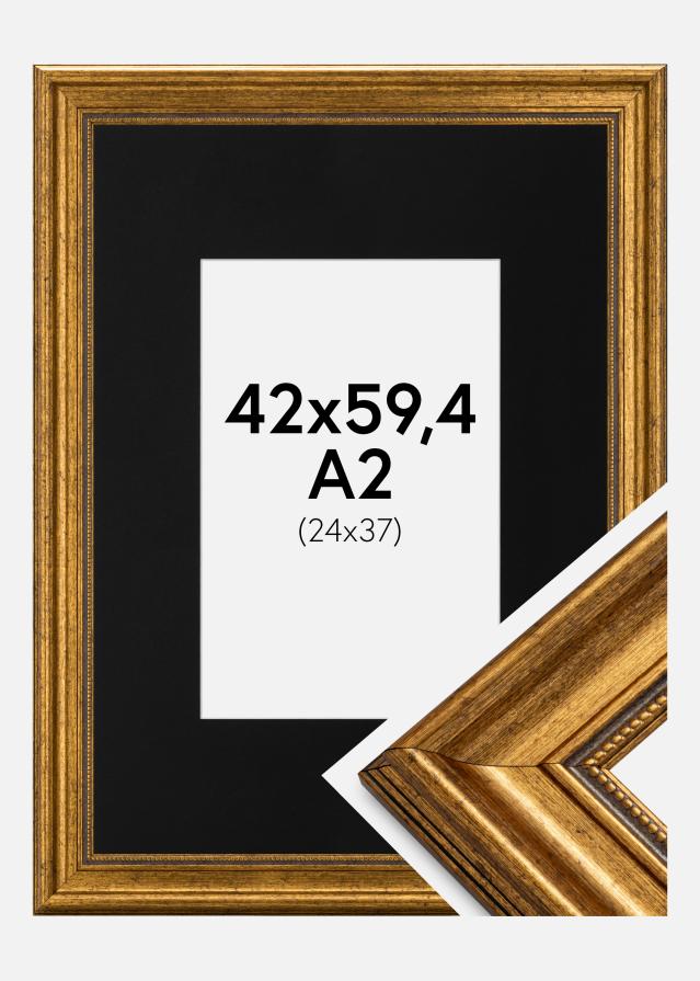 Ram med passepartou Fotolijst Rokoko Goud 42x59,4 cm (A2) - Passe-partout Zwart 25x38 cm