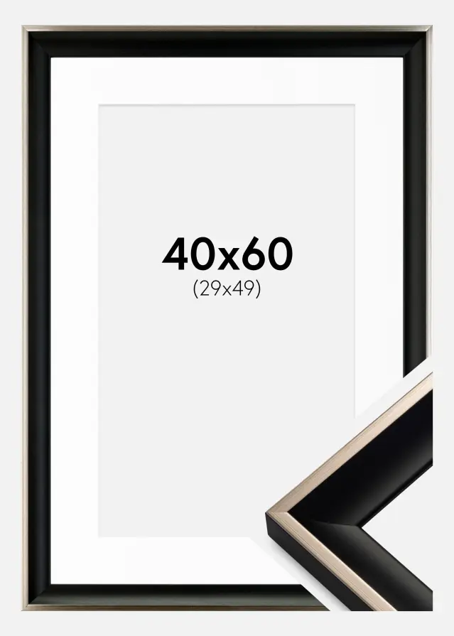 Ram med passepartou Fotolijst Öjaren Zwart-Zilver 40x60 cm - Passe-partout Wit 30x50 cm