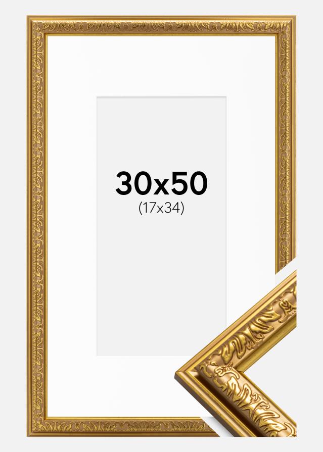 Ram med passepartou Fotolijst Nostalgia Goud 30x50 cm - Passe-partout Wit 18x35 cm
