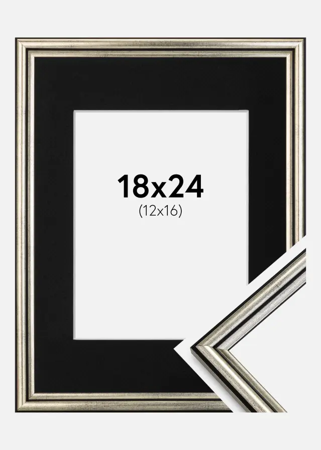 Ram med passepartou Fotolijst Horndal Zilver 18x24 cm - Passe-partout Zwart 13x17 cm
