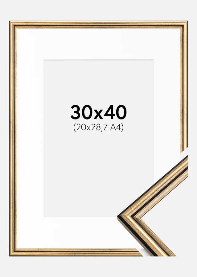 Ram med passepartou Fotolijst Horndal Goud 30x40 cm - Passe-partout Wit 21x29,7 cm (A4)
