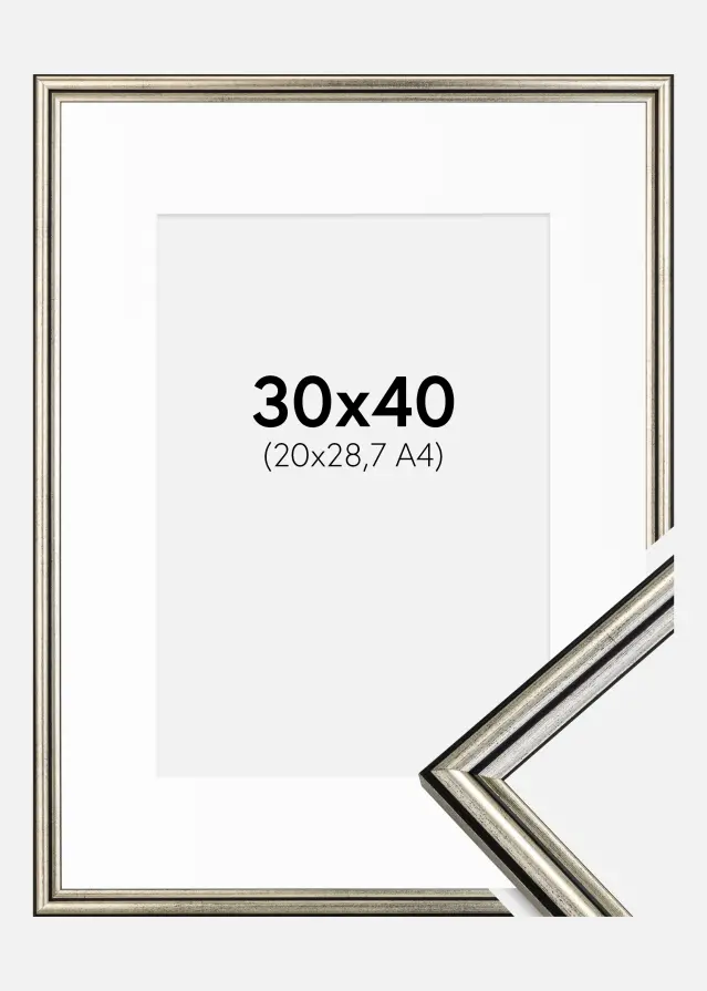 Ram med passepartou Fotolijst Horndal Zilver 30x40 cm - Passe-partout Wit 21x29,7 cm (A4)