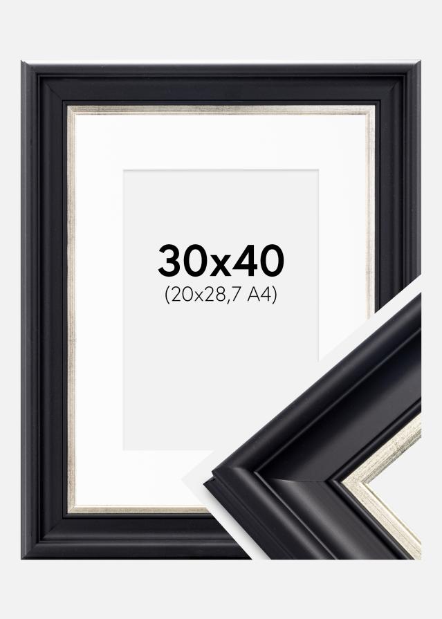 Ram med passepartou Fotolijst Dalarna Zwart-Zilver 30x40 cm - Passe-partout Wit 21x29,7 cm (A4)