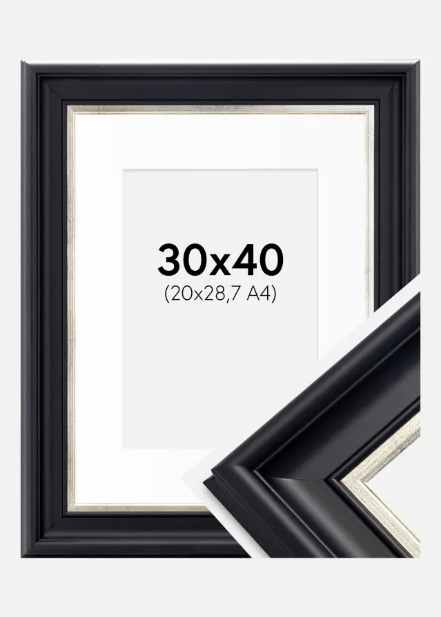 Ram med passepartou Fotolijst Dalarna Zwart-Zilver 30x40 cm - Passe-partout Wit 21x29,7 cm (A4)