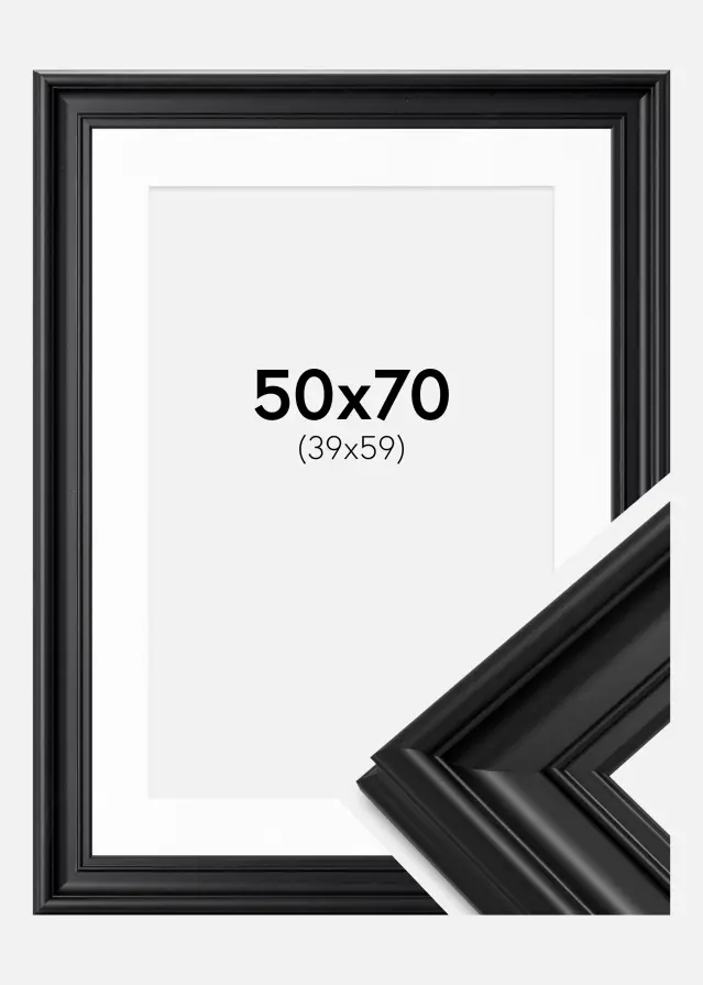 Ram med passepartou Fotolijst Mora Premium Zwart 50x70 cm - Passe-partout Wit 40x60 cm