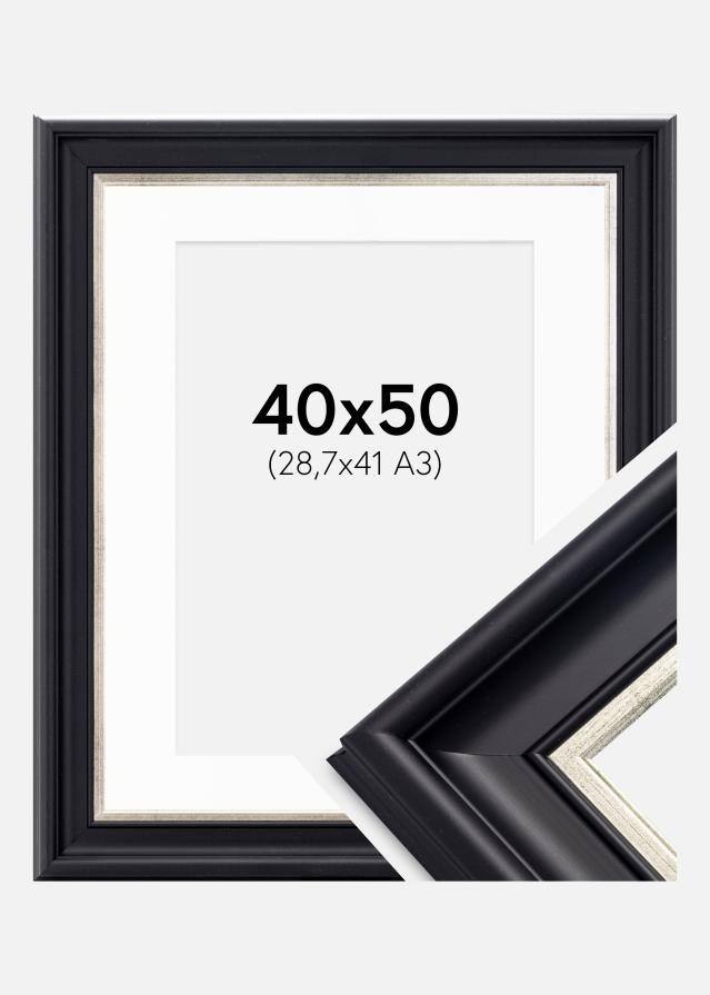 Ram med passepartou Fotolijst Dalarna Zwart-Zilver 40x50 cm - Passe-partout Wit 29,7x42 cm (A3)