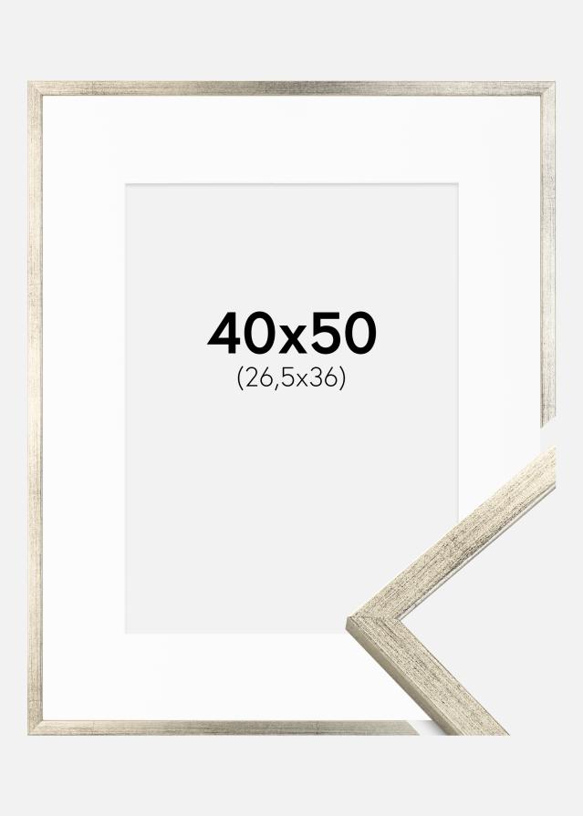 Ram med passepartou Fotolijst Galant Zilver 40x50 cm - Passe-partout Wit 27,5x37 cm