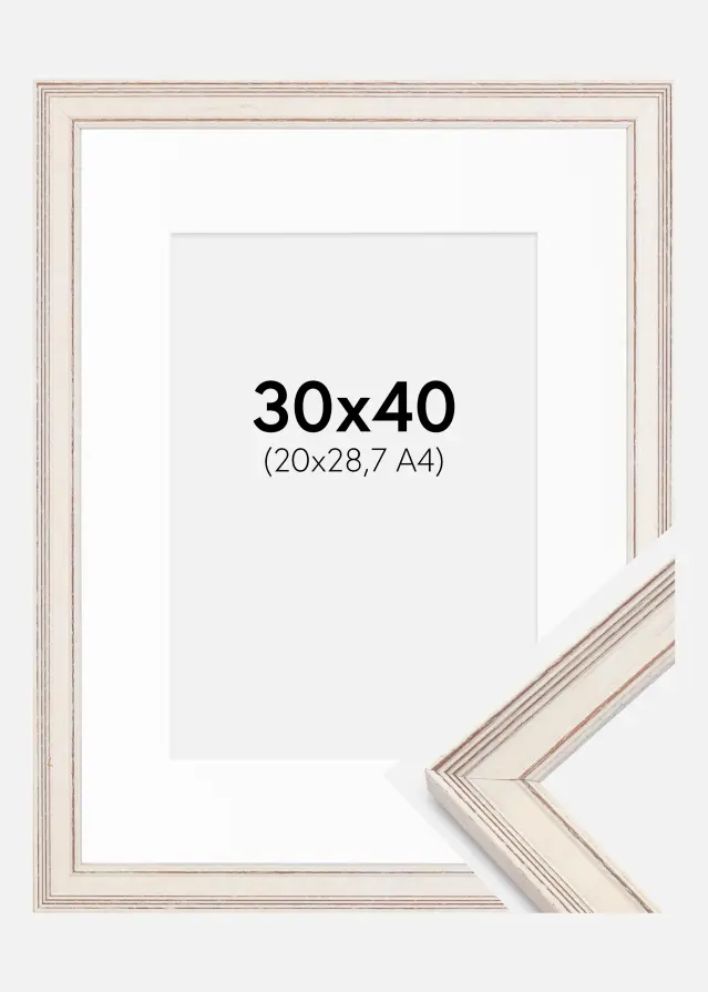 Ram med passepartou Fotolijst Shabby Chic Wit 30x40 cm - Passe-partout Wit 21x29,7 cm (A4)