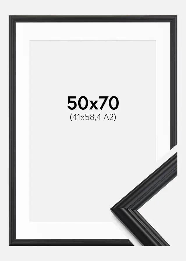 Ram med passepartou Fotolijst Siljan Zwart 50x70 cm - Passe-partout Wit 42x59,4 cm (A2)