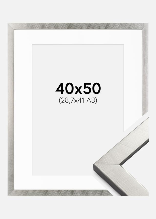 Ram med passepartou Fotolijst Uppsala Zilver 40x50 cm - Passe-partout Wit 29,7x42 cm (A3)