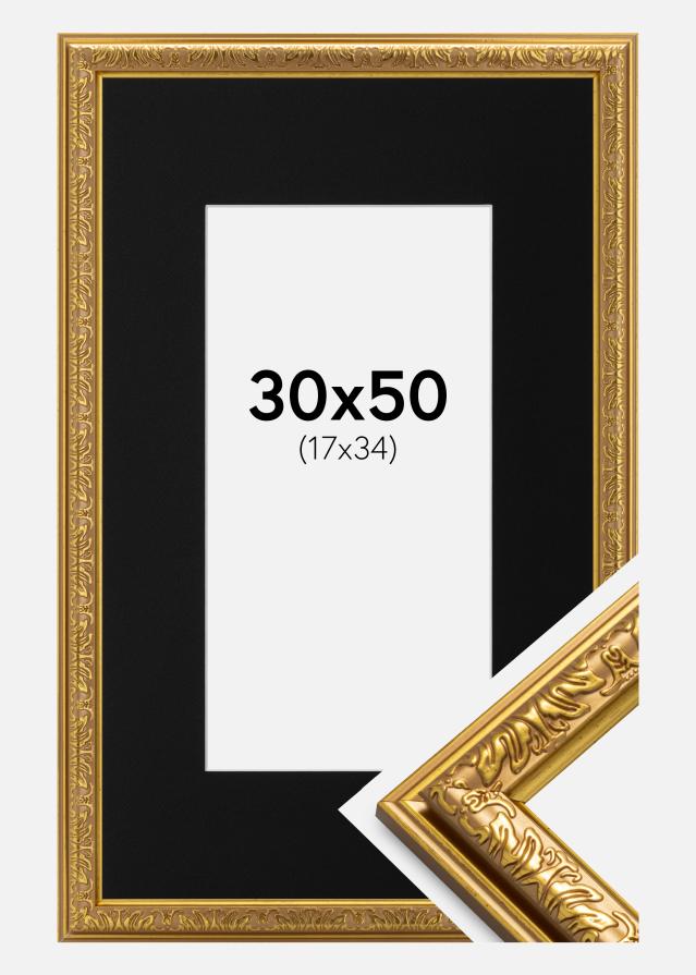 Ram med passepartou Fotolijst Nostalgia Goud 30x50 cm - Passe-partout Zwart 18x35 cm