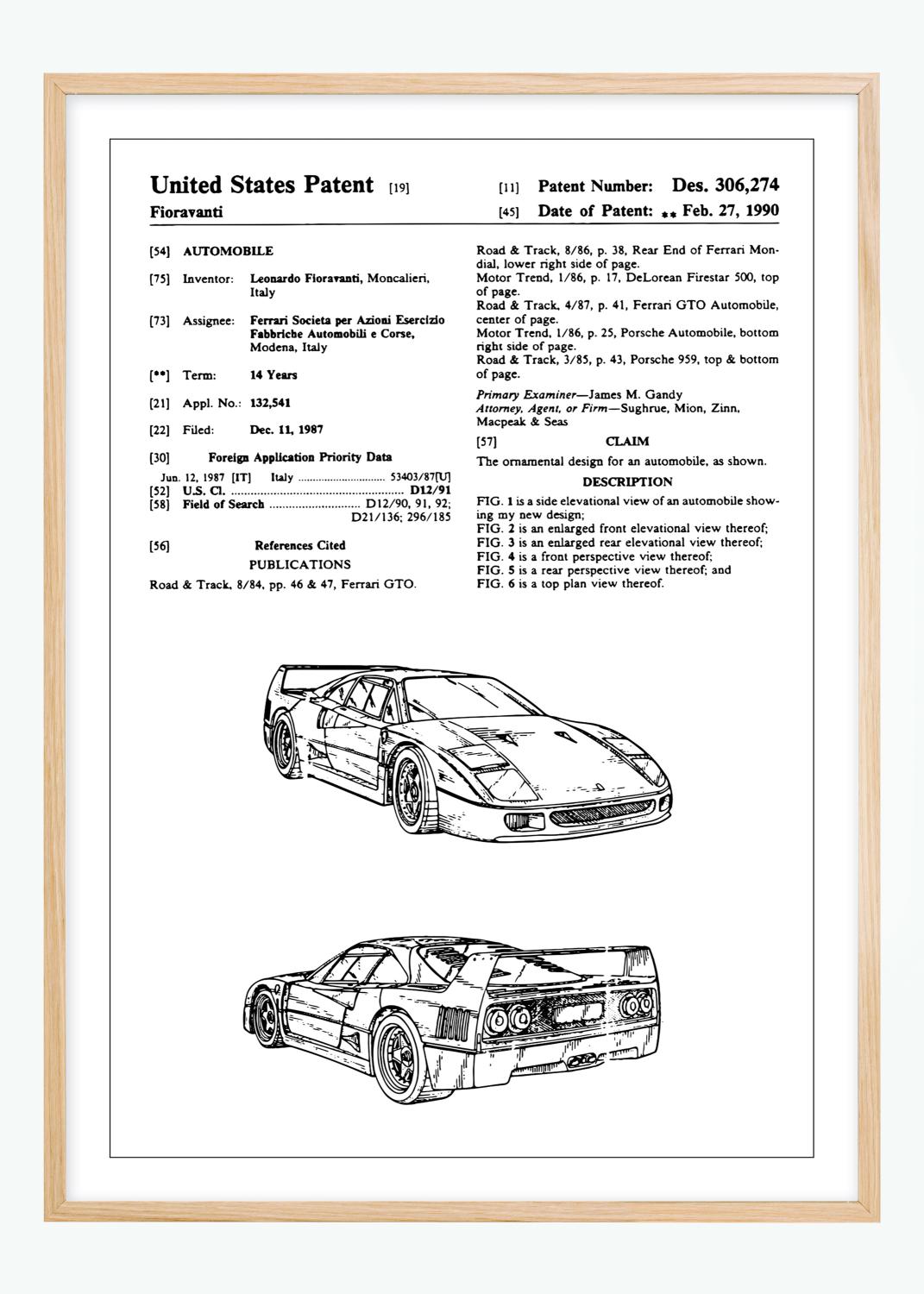 Product Image for Patenttekening - Ferrari F40 I Poster (30x40 cm)