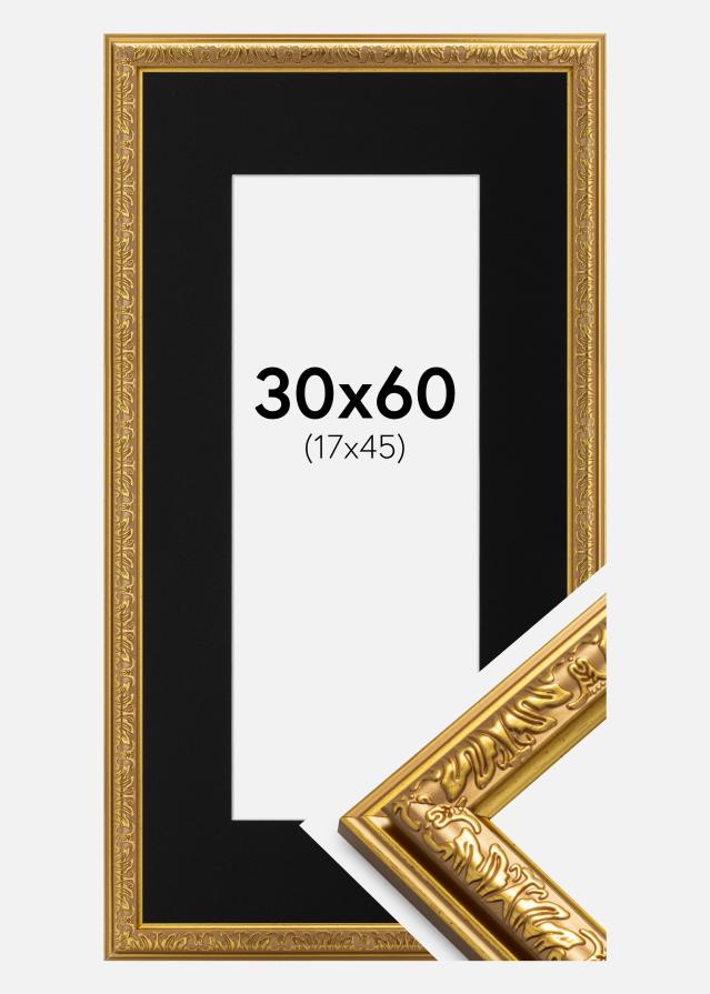 Ram med passepartou Fotolijst Nostalgia Goud 30x60 cm - Passe-partout Zwart 18x46 cm