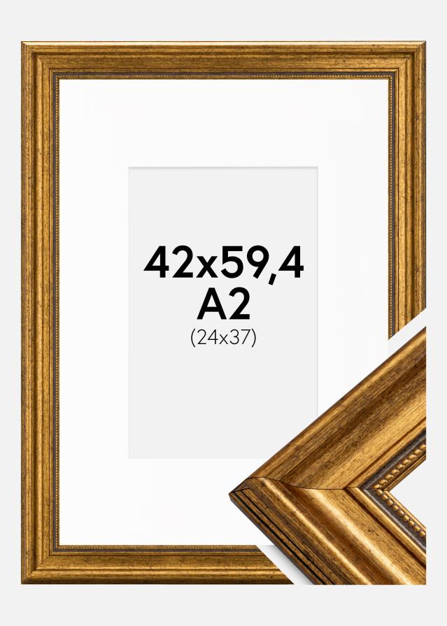 Ram med passepartou Fotolijst Rokoko Goud 42x59,4 cm (A2) - Passe-partout Wit 25x38 cm