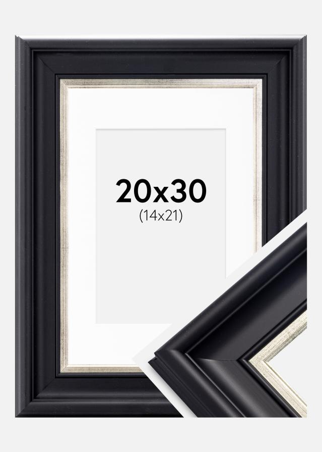 Ram med passepartou Fotolijst Dalarna Zwart-Zilver 20x30 cm - Passe-partout Wit 15x22 cm