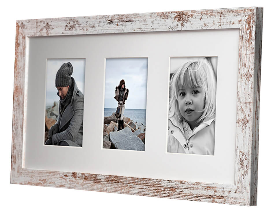 Collagelijst in rustieke stijl met drie foto's van gezin in de buitenlucht