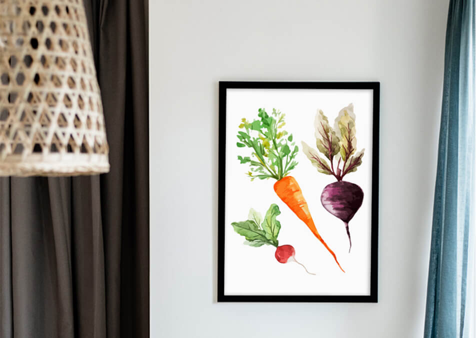 Keukenposter met groenten op een witte muur - keukeninrichting
